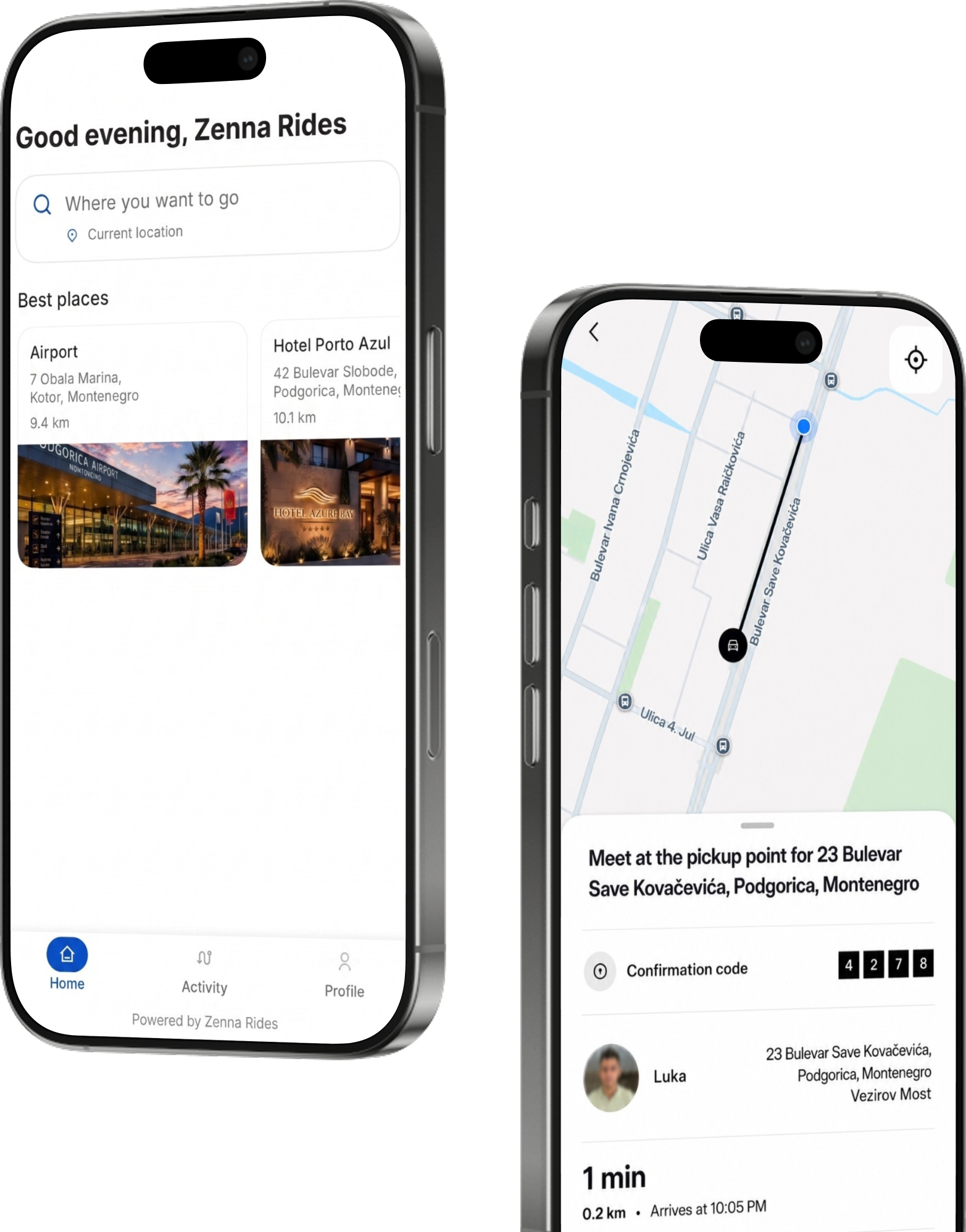 Zenna Rides app showing place search and live trip tracking